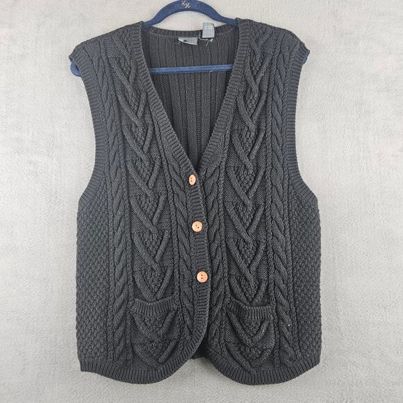 Vintage Lizwear Chunky Cable Knit Sweater Vest Black 90s Preppy Cottagecore M - Picture 1 of 6